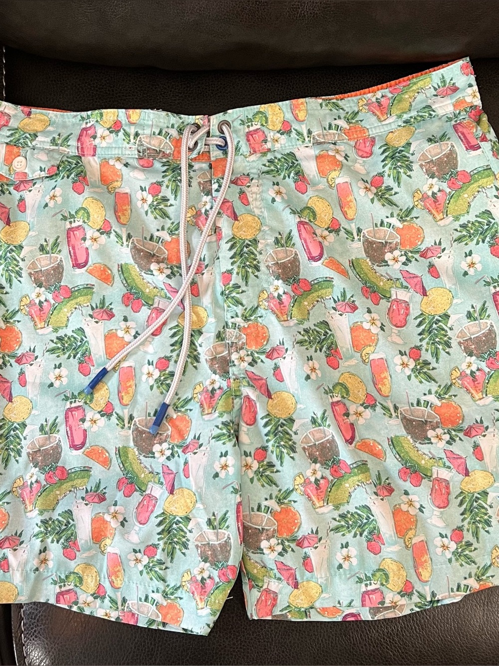 Tommy Bahama Orange Lined Mint Tropical Drink Print Swim Trunks